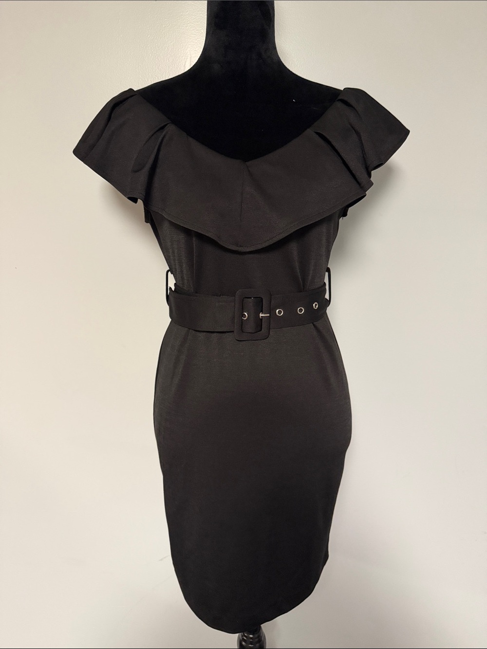 Fashion Nova Black One-Shoulder Ruffle Belted Sheath Dress